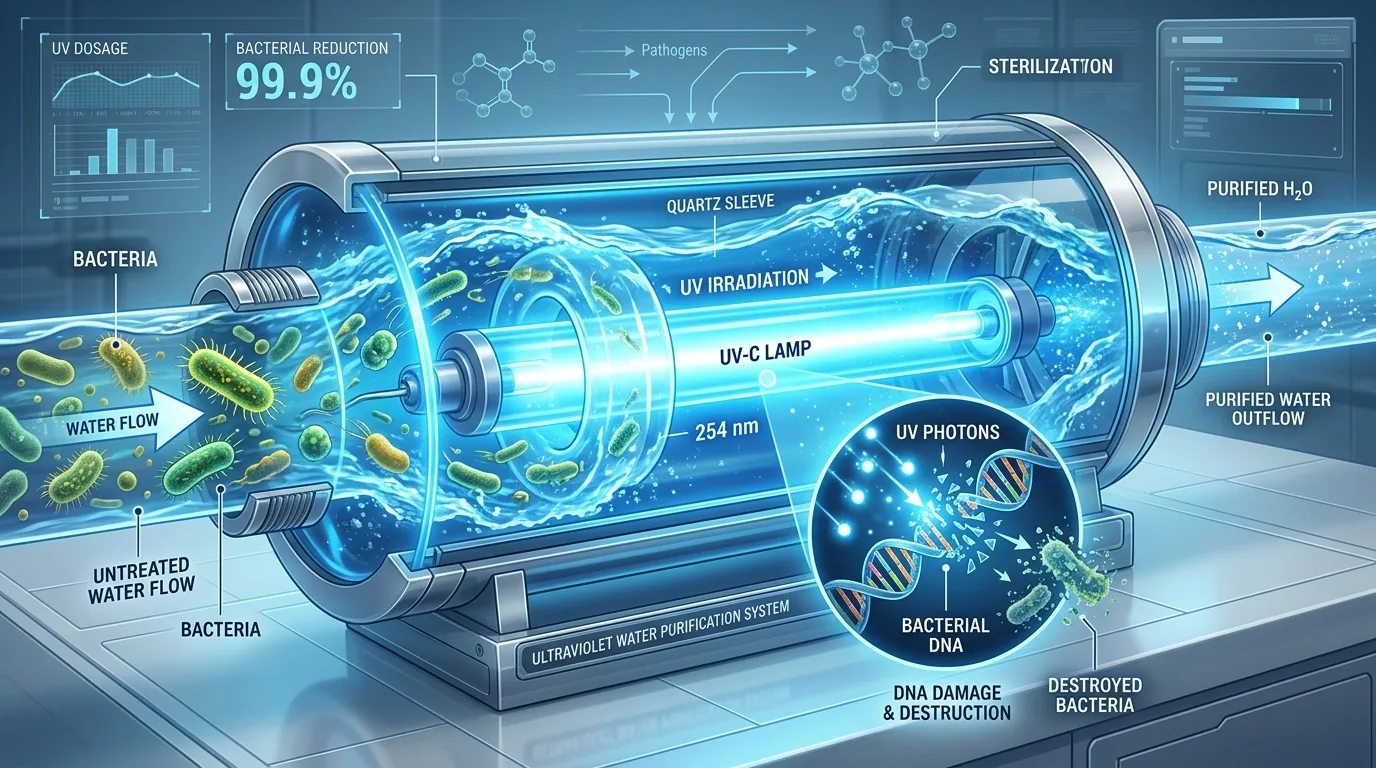 Diagram showing how ultraviolet light disrupts the DNA of bacteria in a water purifier